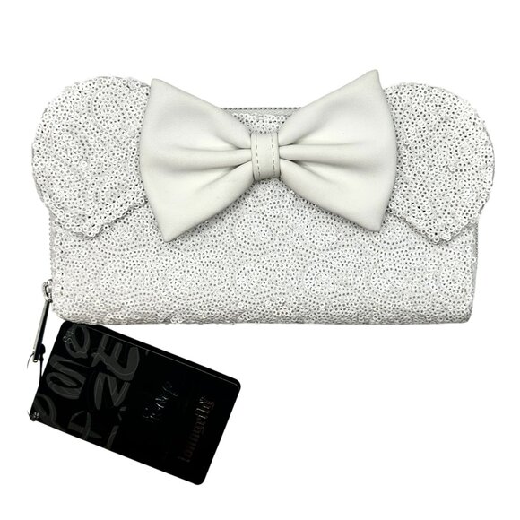 Loungefly Disney White Sequin Minnie Mouse Wallet w/ Ears & Bow NWT Elegant Rare - Picture 2 of 4